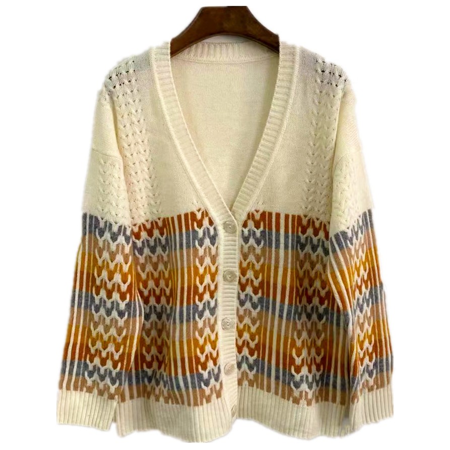 新款慵懒风撞色条纹提花单排扣V领针织长袖开衫