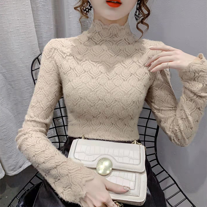 2025秋季新款蕾丝打底衫时尚弹力显瘦气质蕾丝衫半高领t恤女内搭