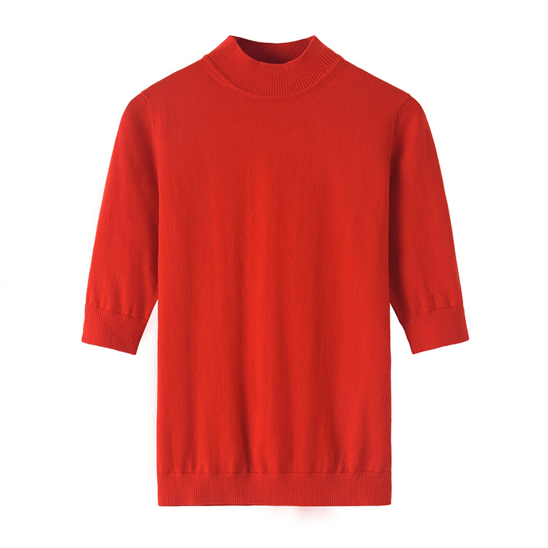 精纺纯羊绒衫女半高领中袖针织衫短袖毛衣抗起球不变形