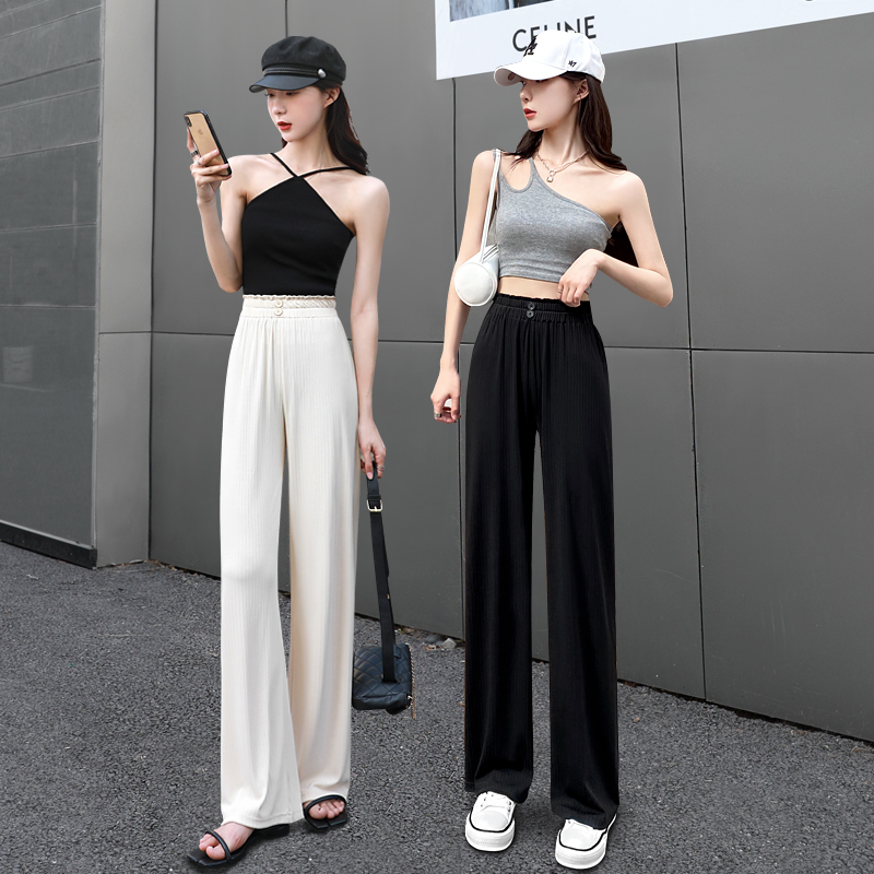 u 91冰丝阔腿裤女夏季薄款高腰窄版雪纺垂感休闲直筒白色2025新款
