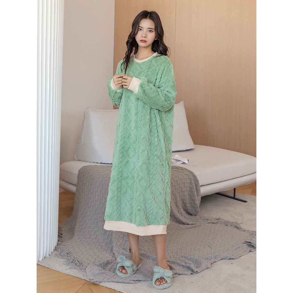 法兰绒睡裙女秋冬季加绒加厚大码长袖珊瑚绒睡衣冬款可外穿双面绒