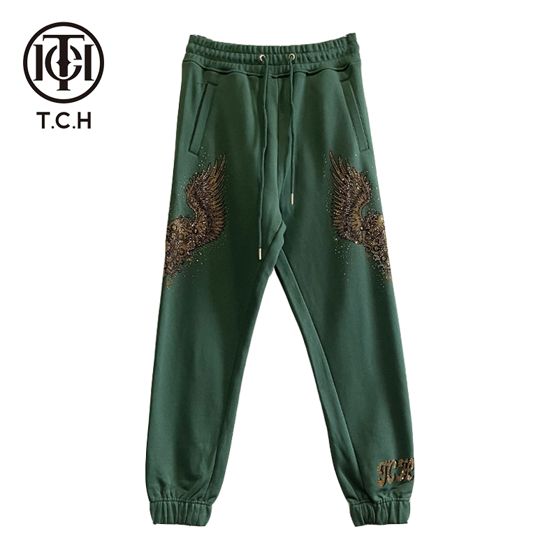 爆款-TCH潮牌爱心翅膀烫钻时尚休闲运动宽松绿色长裤T21120C6046