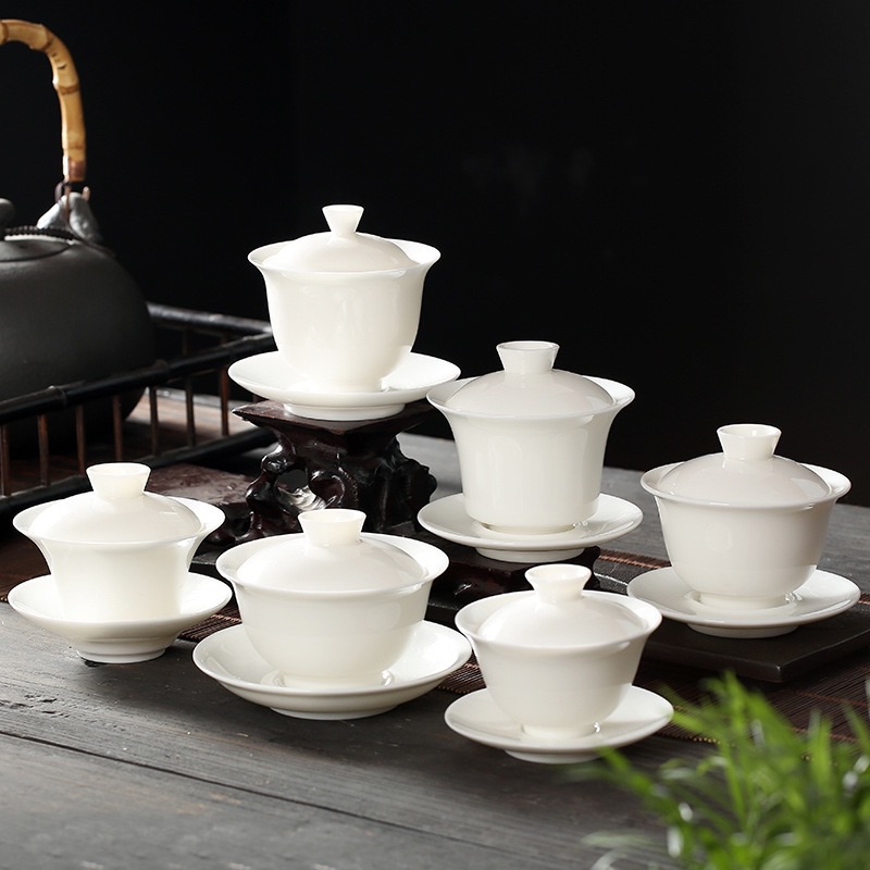 万瞬德化纯白瓷盖碗羊脂玉功夫茶具套装泡茶碗大中小号陶瓷三才碗
