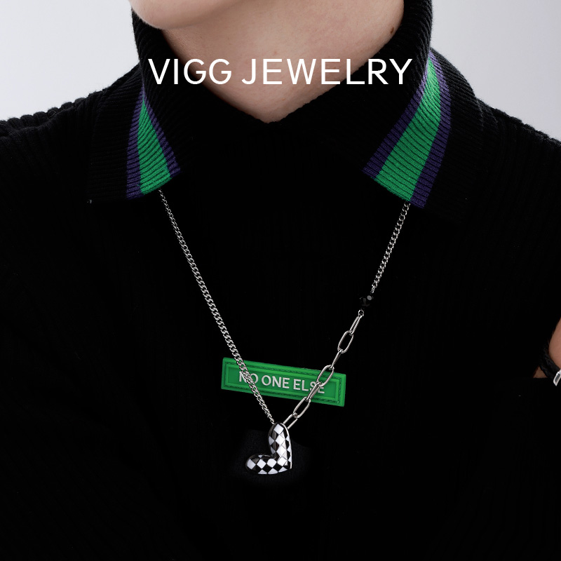 VIGG 铜合金项链 棋盘格爱心项链 轻奢简约项链耳环时尚百搭饰品