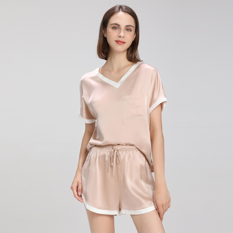 妮迷姿100%桑蚕丝睡衣套装19姆米真丝睡衣家居服套装短袖短裤夏季