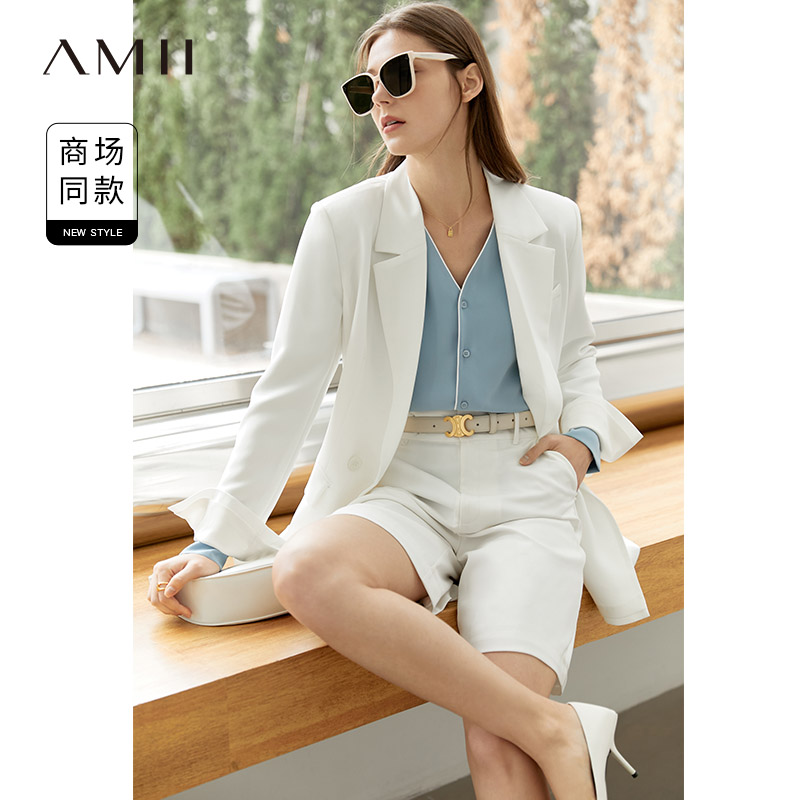 Amii翻驳领开叉中长西装西服外套女职业气质休闲时尚白色12260005