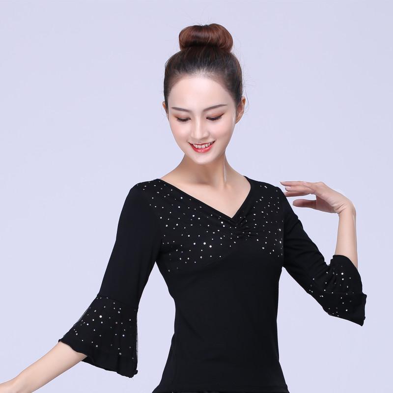2023新款广场舞服装黑色亮片上衣莫代尔短袖舞蹈服跳舞练功服夏季