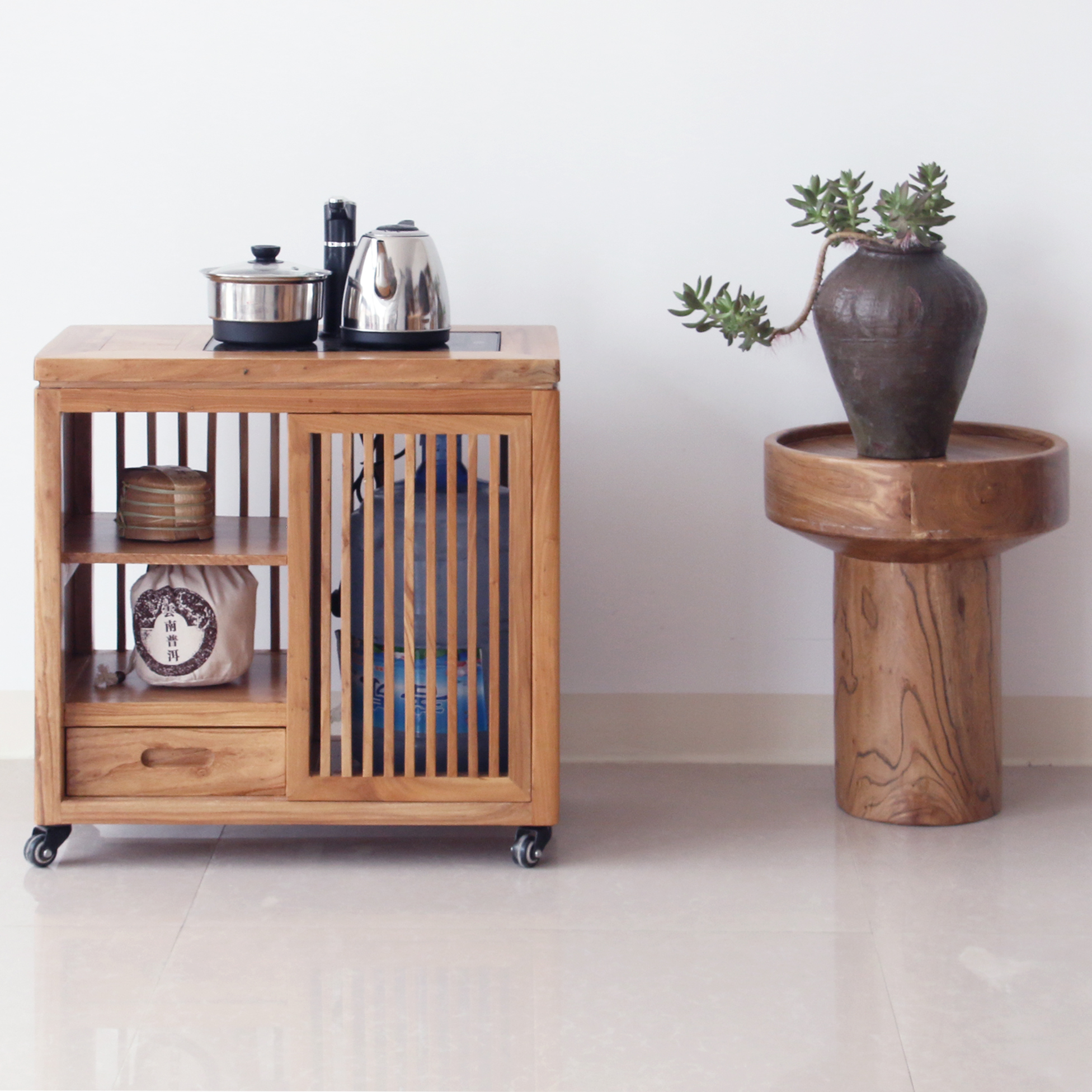 榆木实木新中式带轮子可以移动现代茶水柜小茶车茶边柜烧水边柜