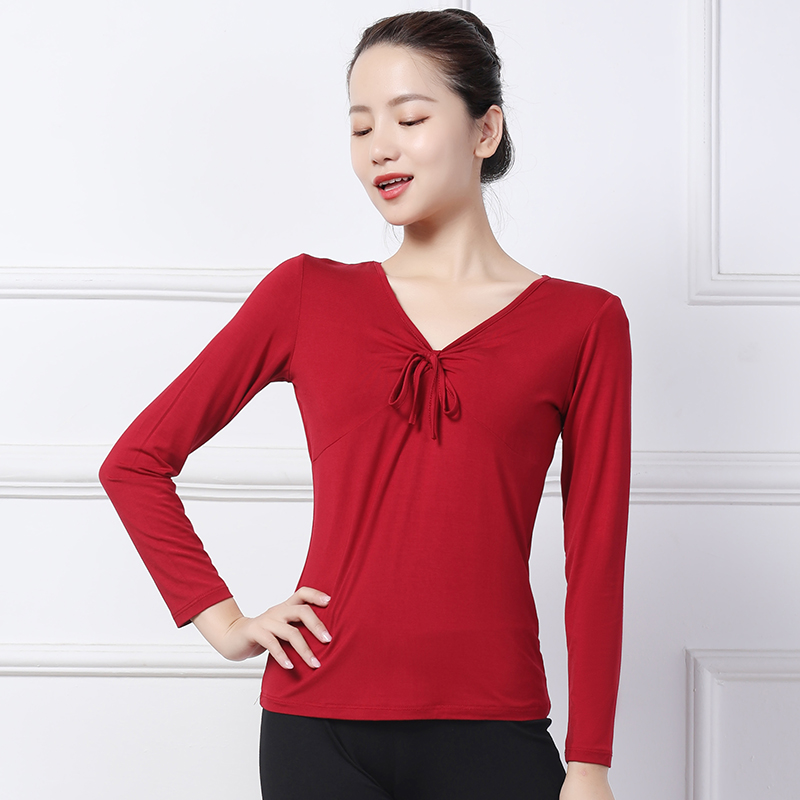 舞蹈练功服女成人莫代尔现代舞修身蝴蝶结跳舞上衣单件中长袖训练