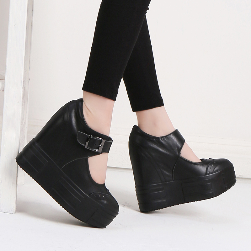 坡跟玛丽珍鞋女2021春秋新款日系浅口尖头一字扣带内增高女鞋