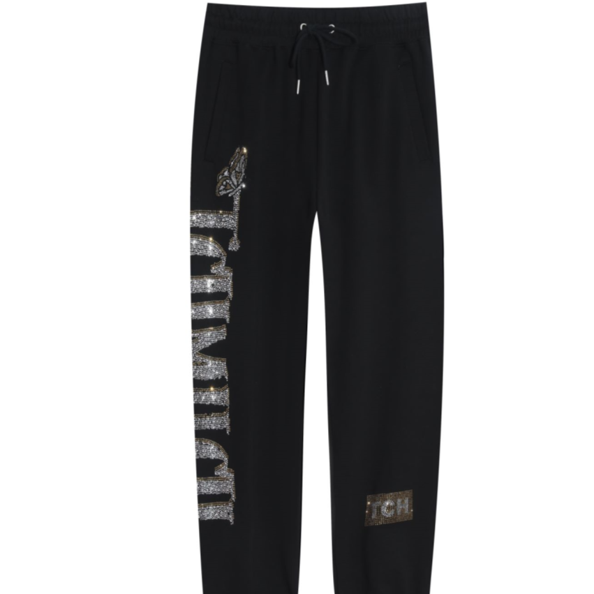 奥莱-TCH潮牌蝴蝶刺绣烫钻春夏秋冬时尚抽绳黑色休闲裤T66B206105