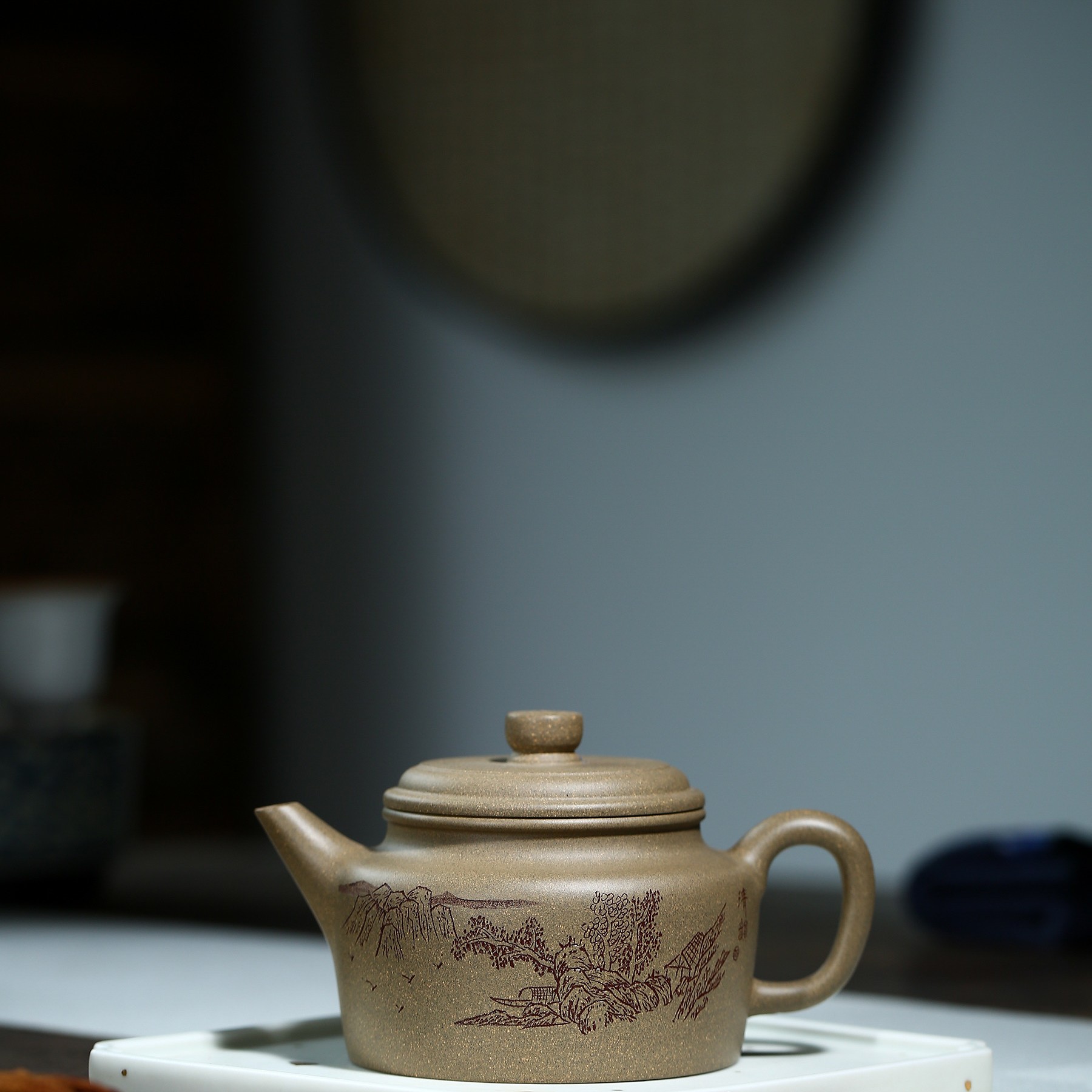 （掌柜自做）宜兴紫砂壶茶壶剑流德钟蟹壳青段245毫升手工刻绘手制