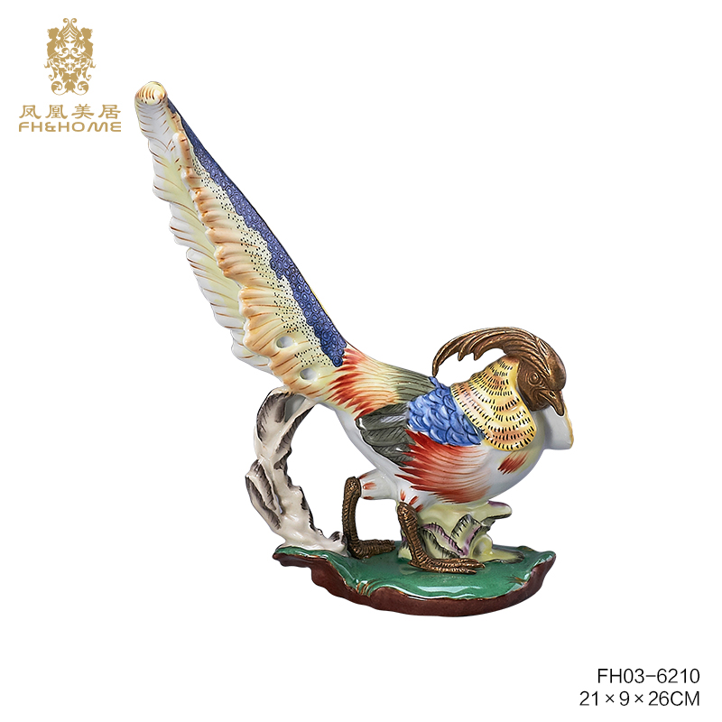 FH&HOME/凤凰美居彩绘高温瓷翘尾锦鸡工艺品手工奢华创意玄关摆件