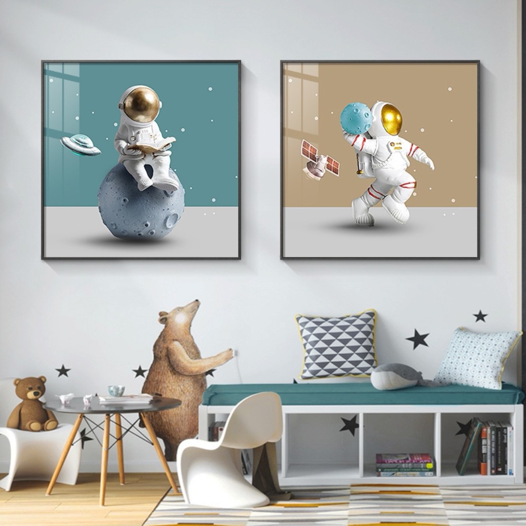 现代宇航员三联画儿童房装饰画卧室卡通动漫装饰画挂画艺术版画