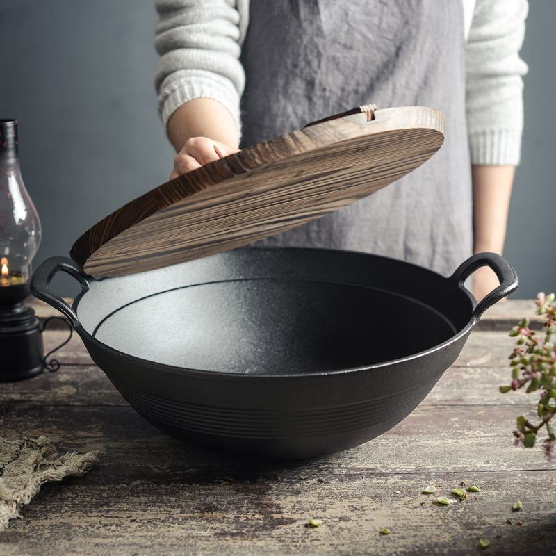32CM、36CM口径老式复古加深大炒锅纯实心健康无涂层铸铁锅传统