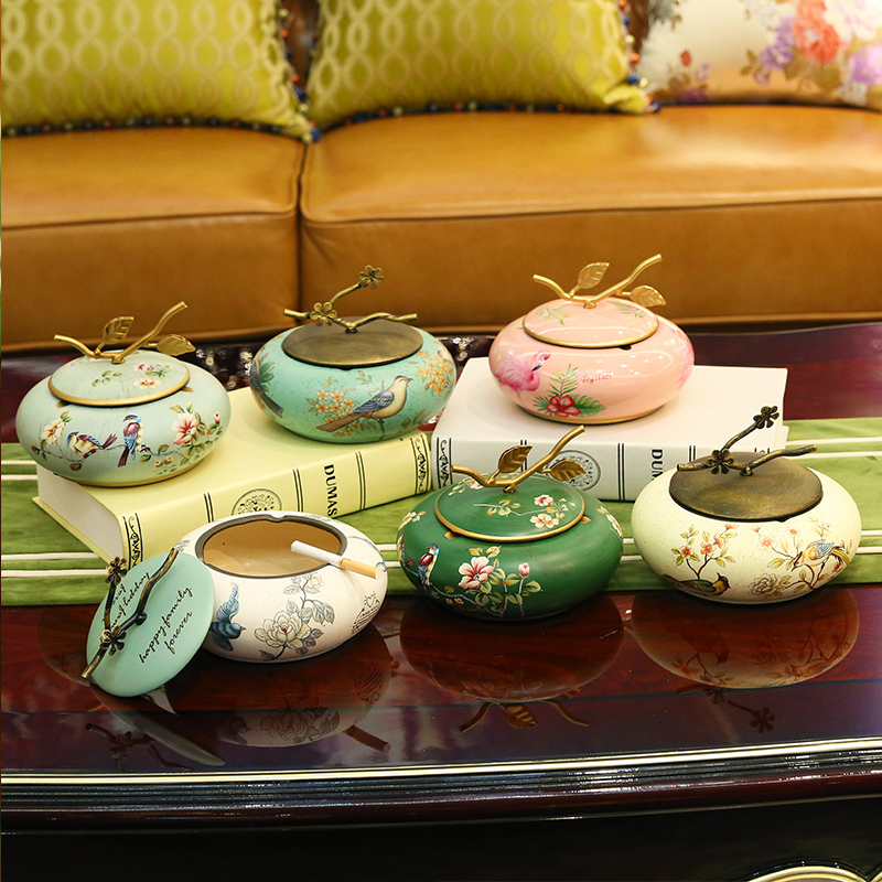 美式轻奢带盖烟灰缸创意个性陶瓷大号烟缸欧式客厅茶几复古收纳盒
