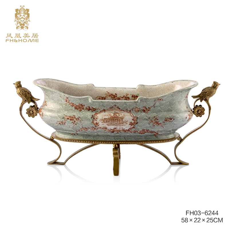 FH&HOME/凤凰美居欧式轻奢陶瓷制品精致彩绘铜雕刻雀鸟敞口装饰盆