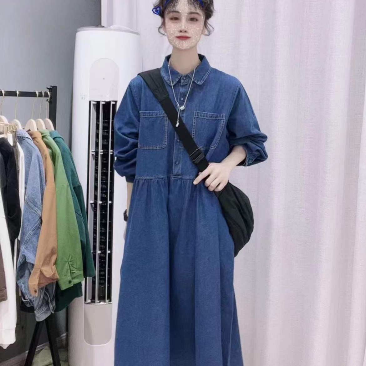 柚柚酱春款日系风百搭设计感牛仔连衣裙