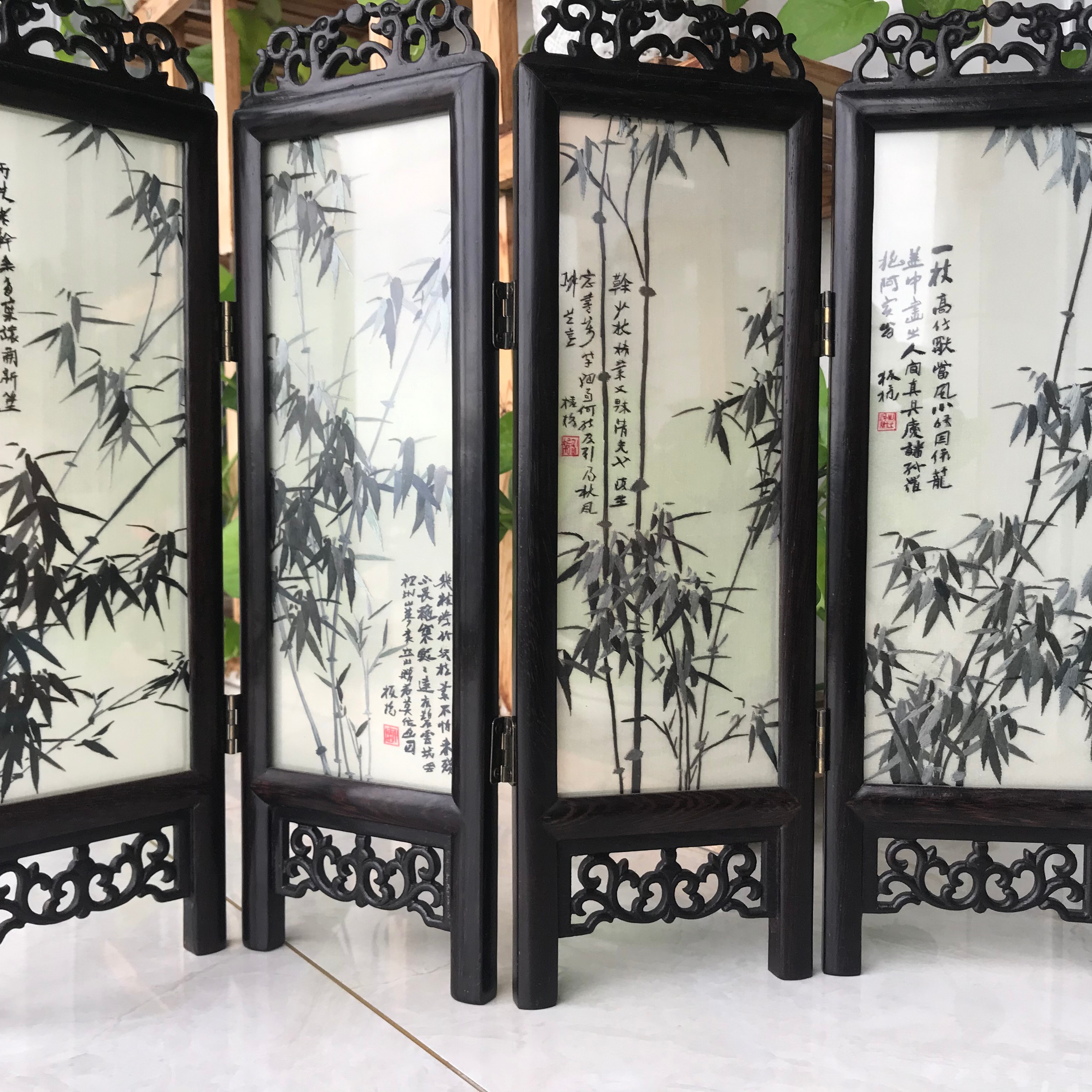 苏绣手工双面刺绣 四页屏风  复古摆件