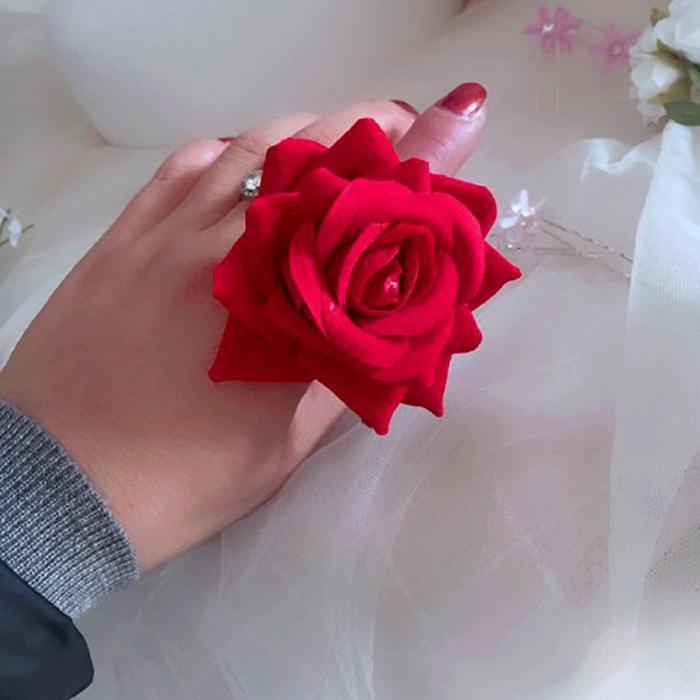 琪越 合金布艺戒指 绒布仿真玫瑰花戒指环舞台手指花戒花写真配饰