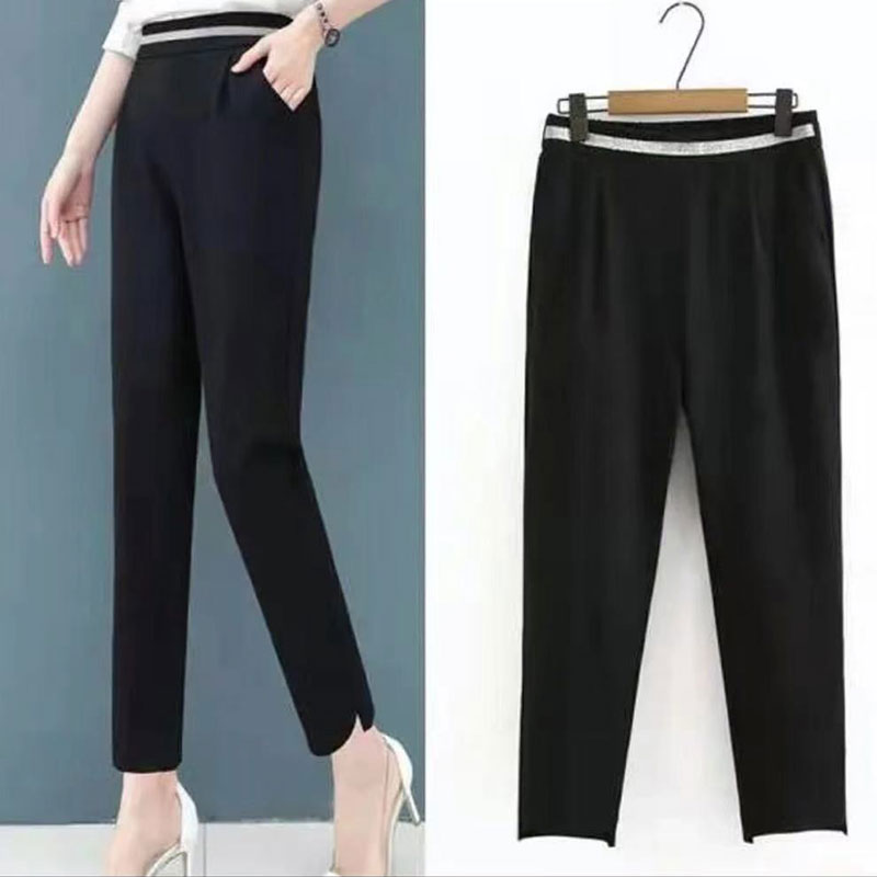 大码女裤子春秋新款胖mm时尚银条高腰显瘦烟管裤宽松休闲裤女高弹