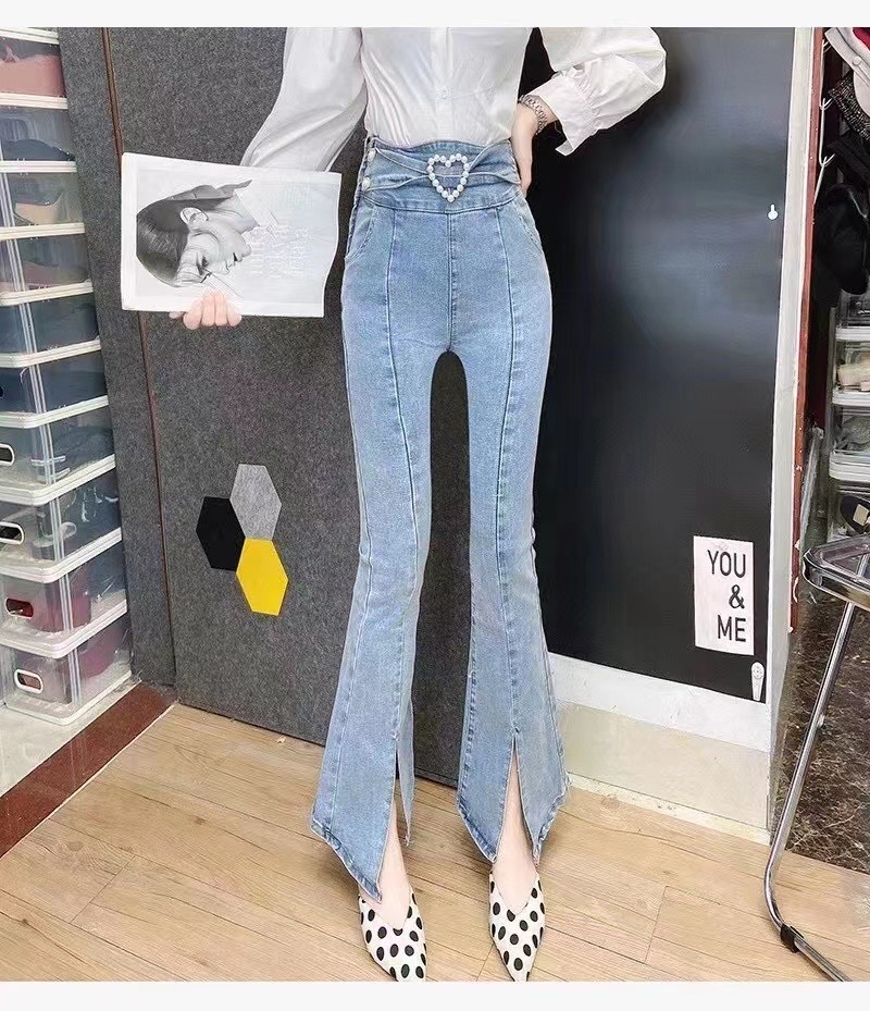 微叭牛仔裤女2022春秋新款紧身显瘦高腰弹力开叉喇叭牛仔裤子韩国
