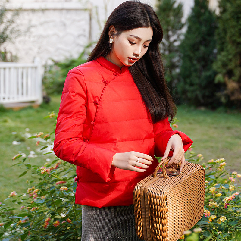 90白鸭绒红色羽绒复古中式改良短款立领斜国风盘扣外套