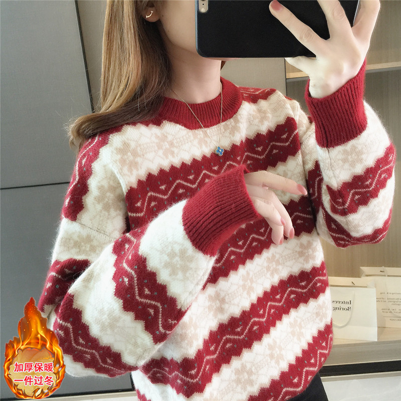 圆领套头加厚毛衣女2025年冬季新款韩版宽松慵懒风针织衫条纹上衣