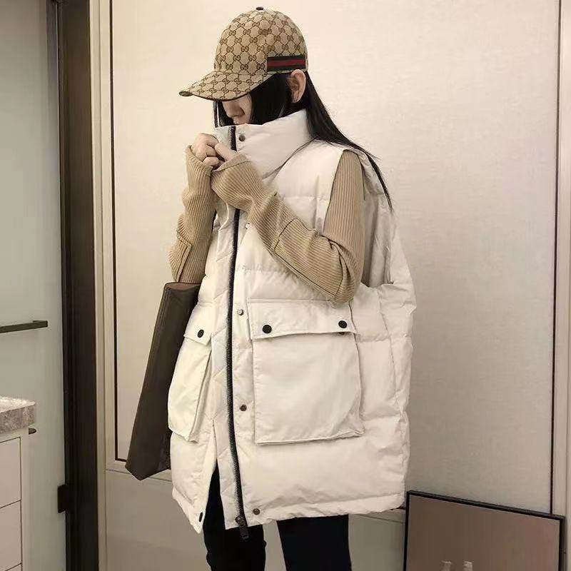 棉马甲女中长款2023年秋冬韩版宽松背心外穿潮流时尚马夹外套加厚