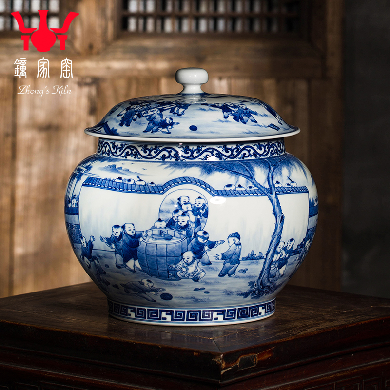 钟家窑茶叶罐景德镇陶瓷大号茶饼密封罐存储罐青花柴窑百子图茶罐