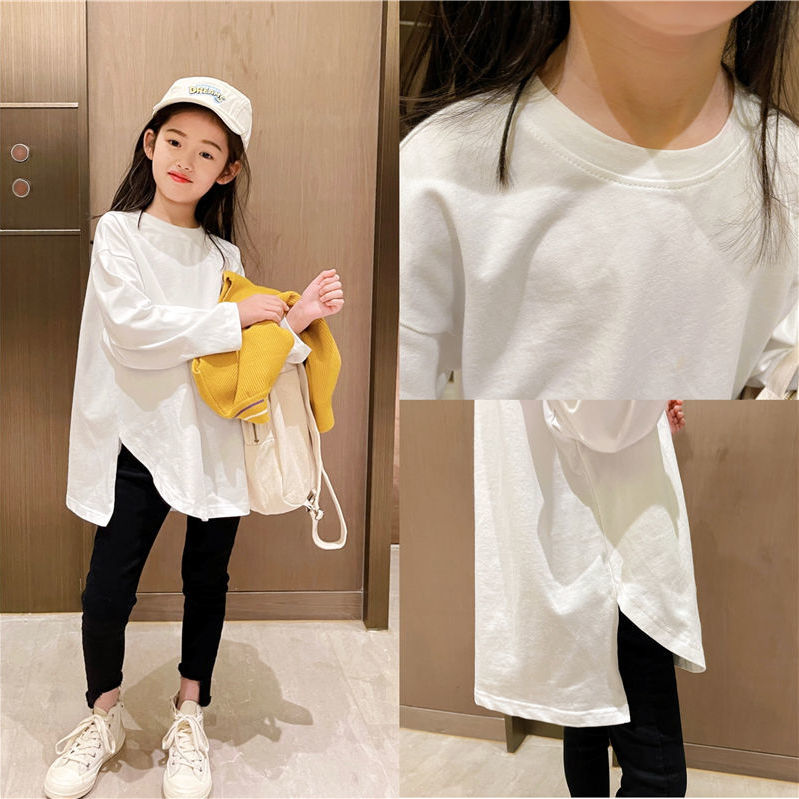 女童纯棉打底衫2025春装新款中大童基础款下摆开叉百搭白长袖T恤