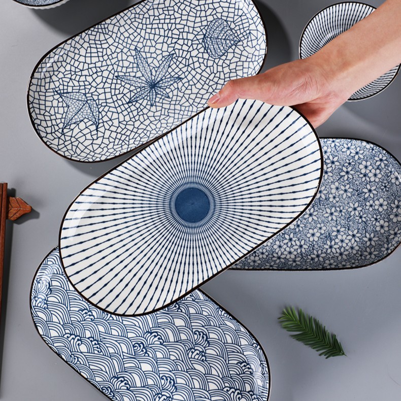 山田烧12英寸陶瓷鱼盘防烫竖纹设计微波炉可用网红家用大号盘子