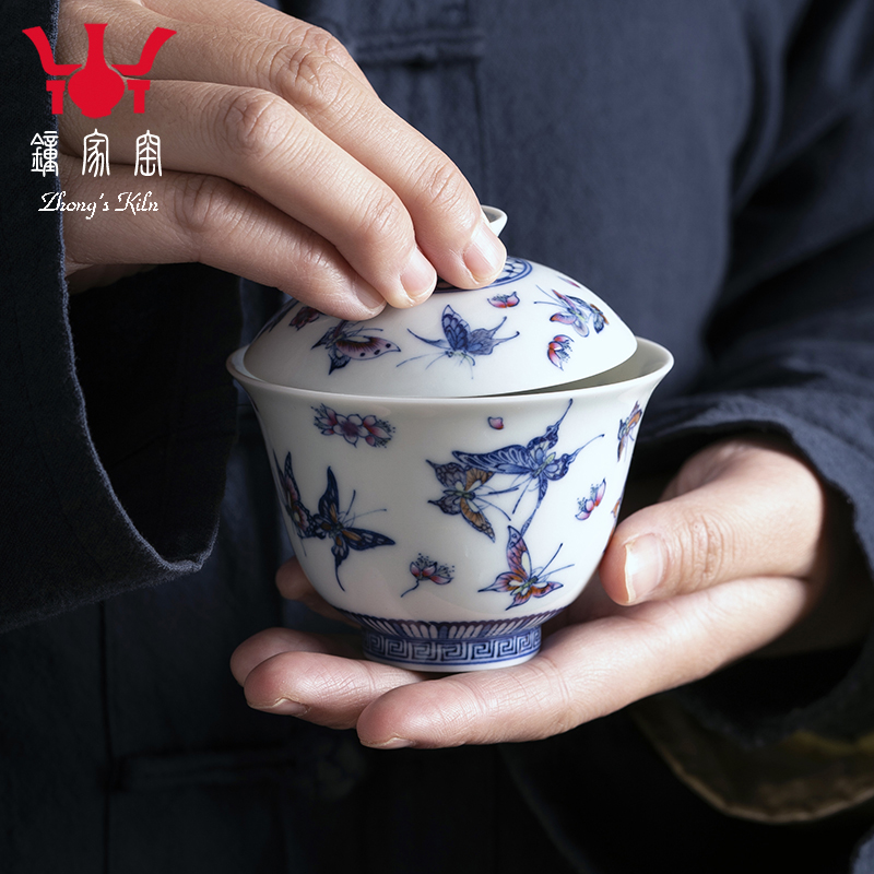 钟家窑盖碗景德镇柴窑青花斗彩手绘百蝶图小号两才盖碗茶杯小茶碗