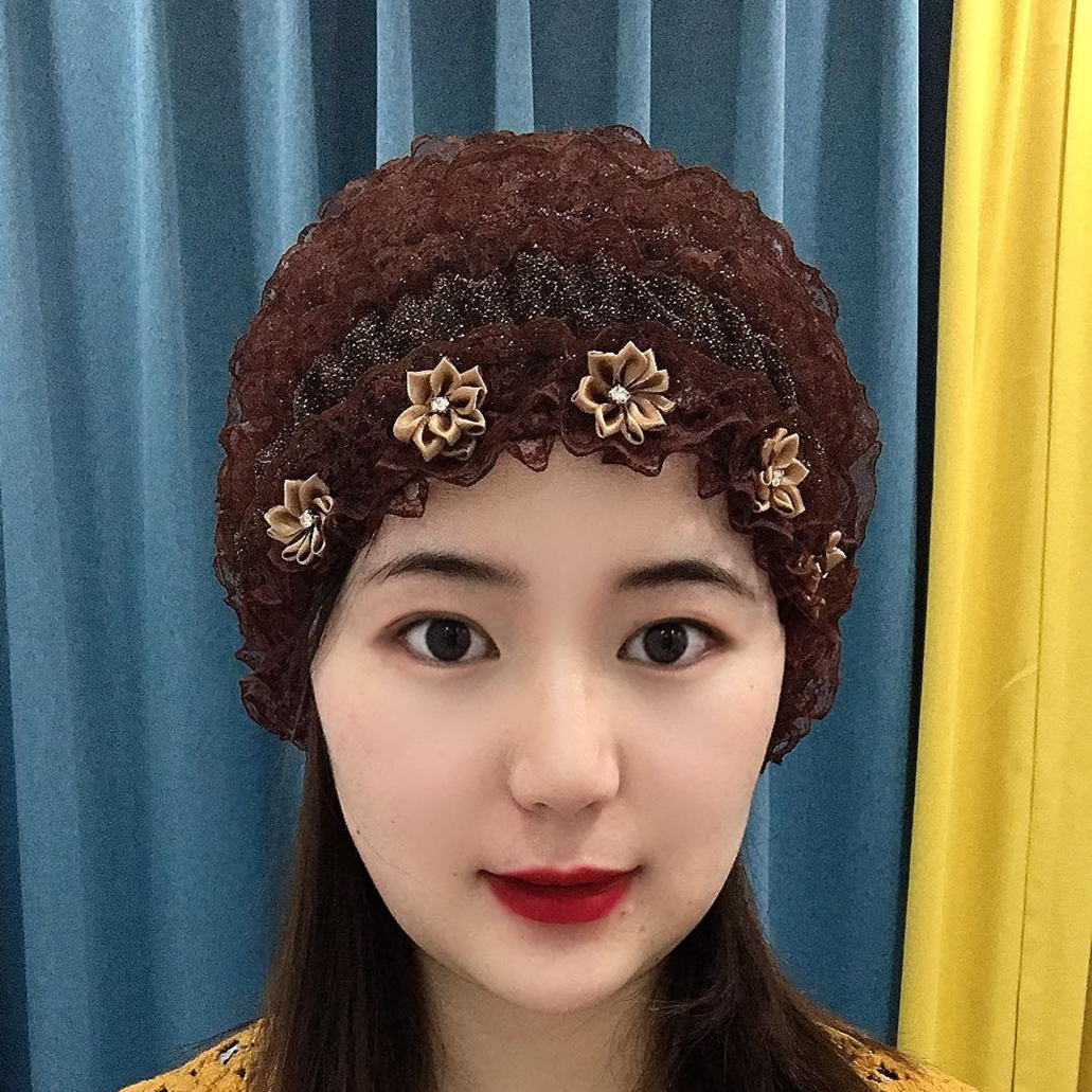 四季款蕾丝小花朵包头帽妈妈款遮白发家居帽