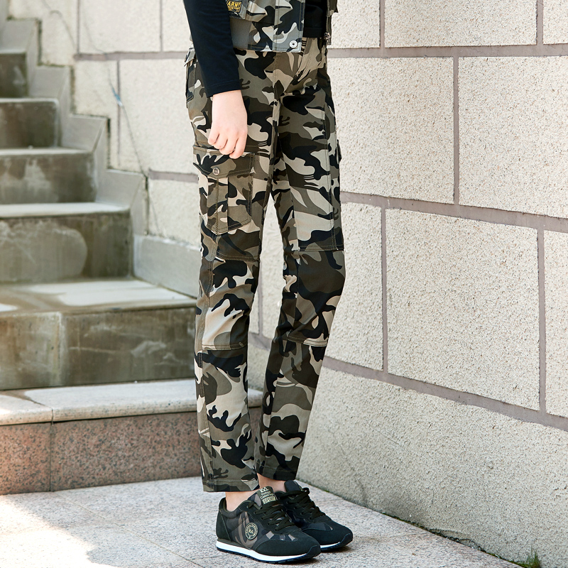 【K7876】春装新款女装厚款多口袋工装迷彩裤女小脚长裤工装裤