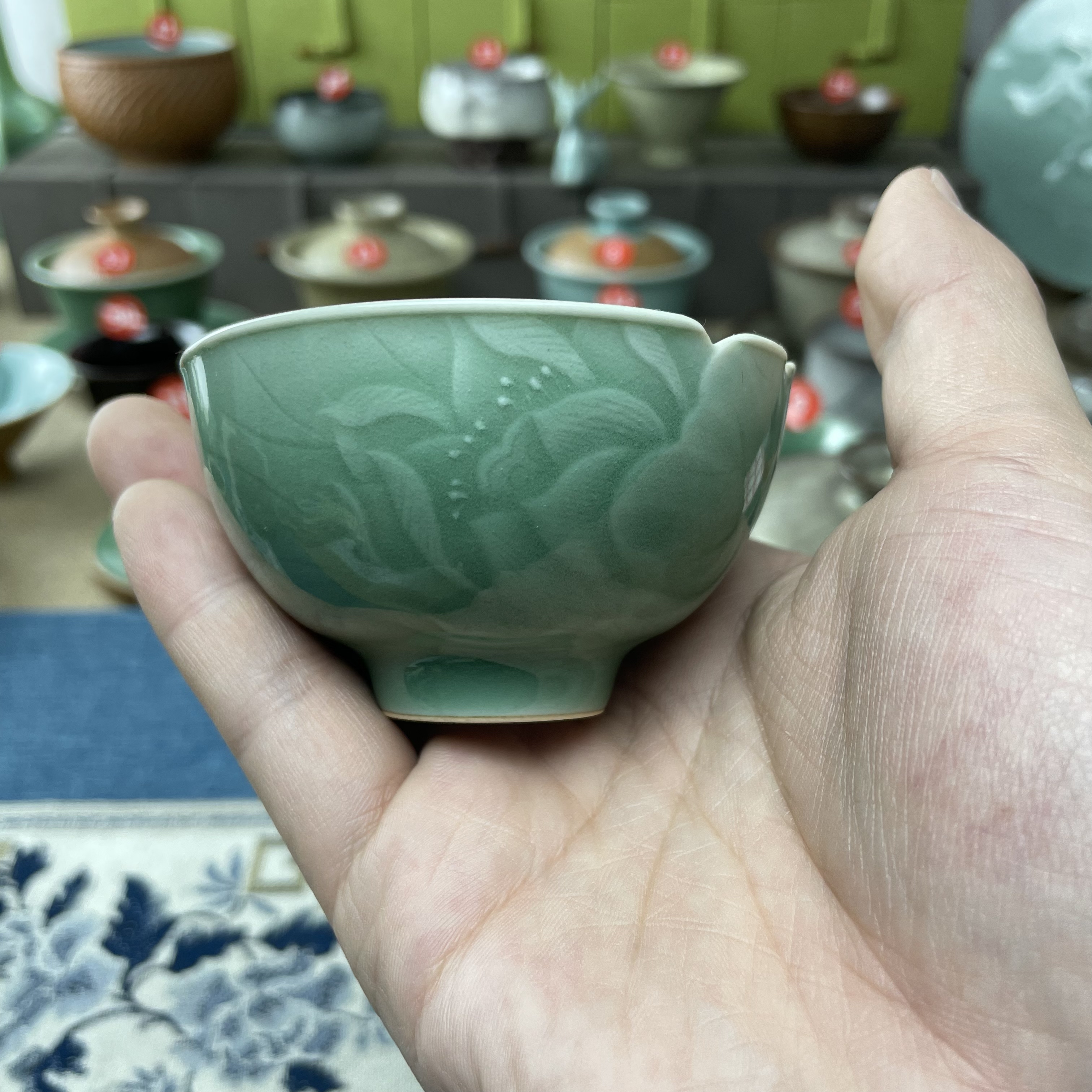 龙泉弟窑梅子青青瓷周光武一品青莲主人杯莲花花口雕刻手工杯精美