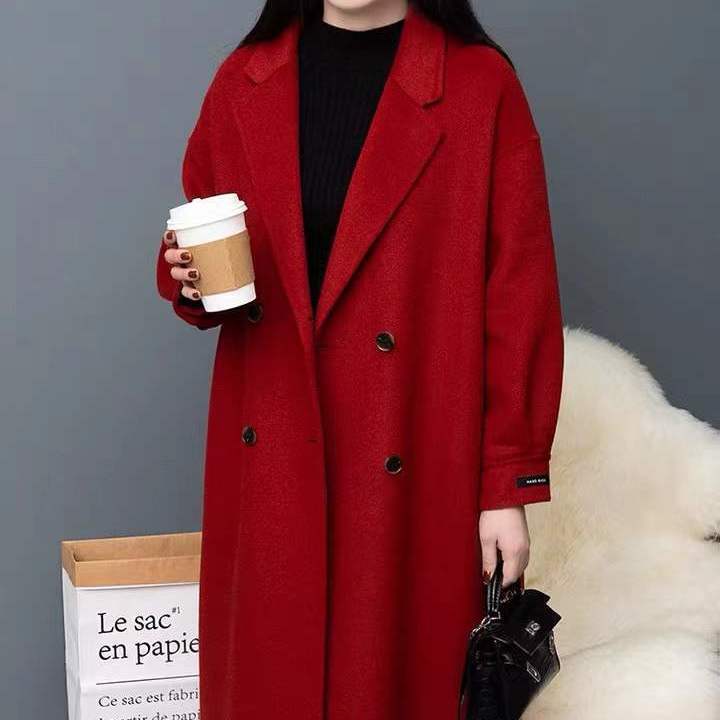 红色双面羊毛大衣女装高端中长款2021年新款秋冬宽松羊毛呢子外套
