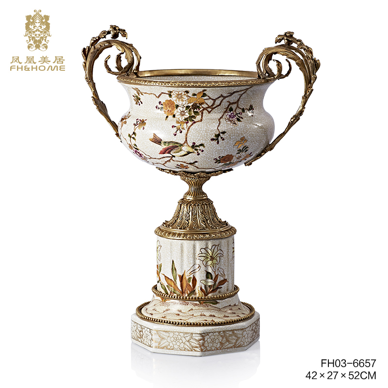 FH&HOME/凤凰美居欧式高温瓷彩绘奖杯铜装饰摆件玄关客厅摆件饰品