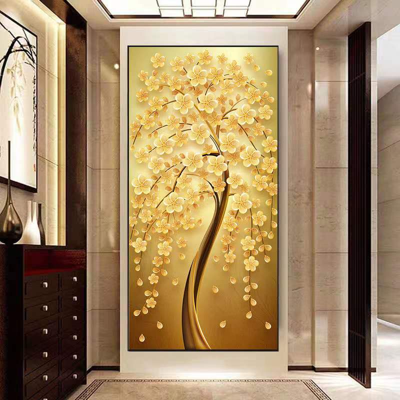 【黄金发财树】现代入户轻奢走廊过道挂画中式装饰画单幅晶瓷装饰画