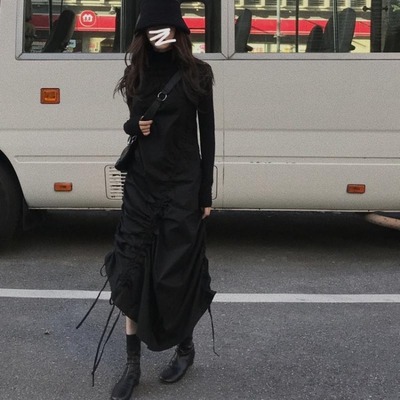 深刻甜实拍韩国chic小众抽绳连衣裙简约feel气质长款裙子