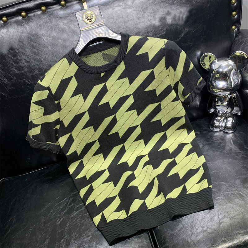 男菱形几何图案提花短袖毛衣加厚半截袖冬大码韩版修身针织衫半袖