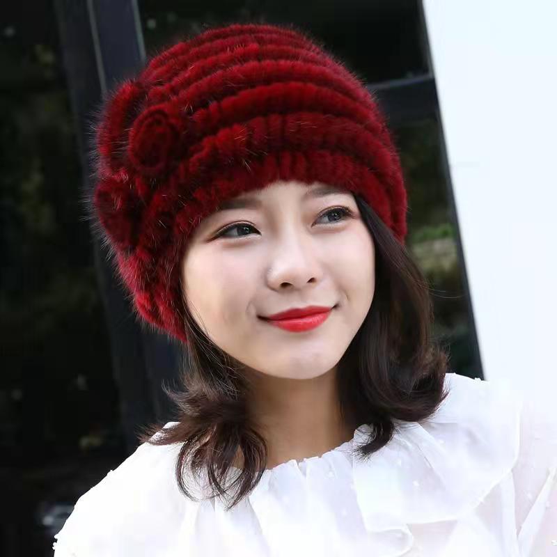 水貂横编三花帽子貂皮帽女款水貂毛帽子冬季保暖帽子妈妈帽
