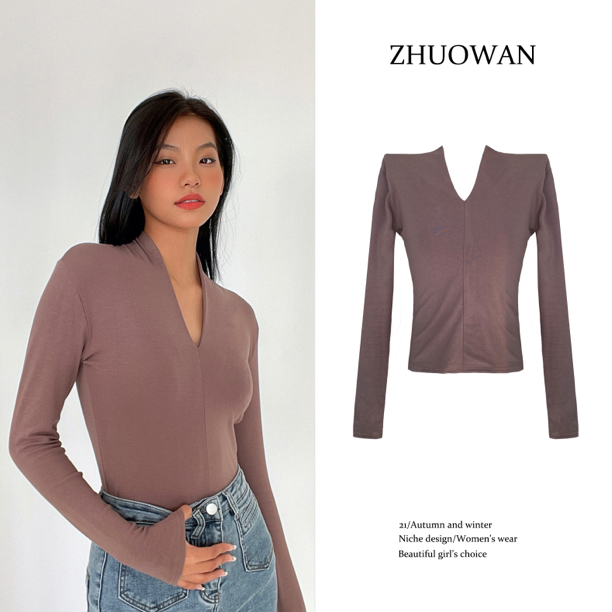 超模打底修身高弹力巨显瘦显身材V领长袖衫辣妹上衣T