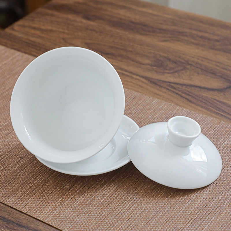 白瓷茶碗180cc盖碗三才盖碗手工纯白泡茶碗陶瓷带盖大号茶盖碗_珠宝文玩 