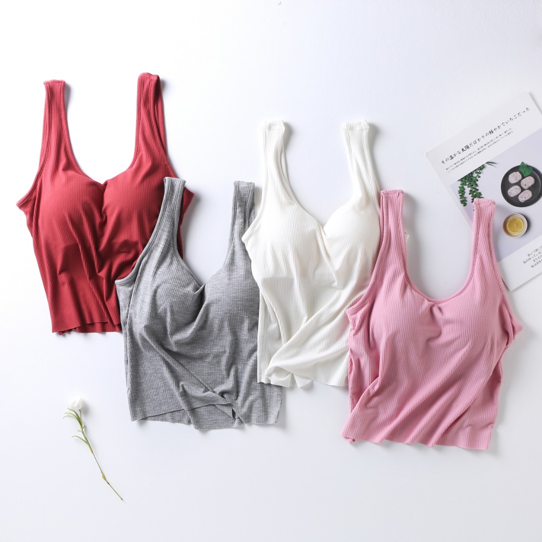 优衣璐女款美背氨纶粘纤3*3螺纹带五指杯罩杯胸衣一体齐腰小背心