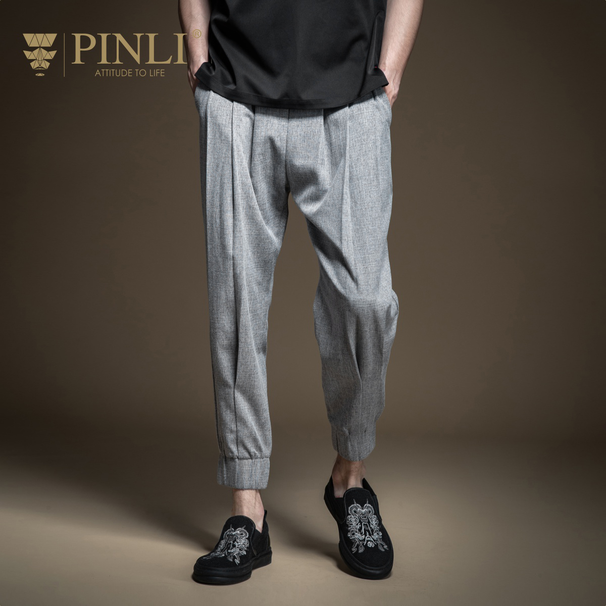 PINLI品立春季新款男士潮流纯色小脚休闲九分裤束脚裤B202617279