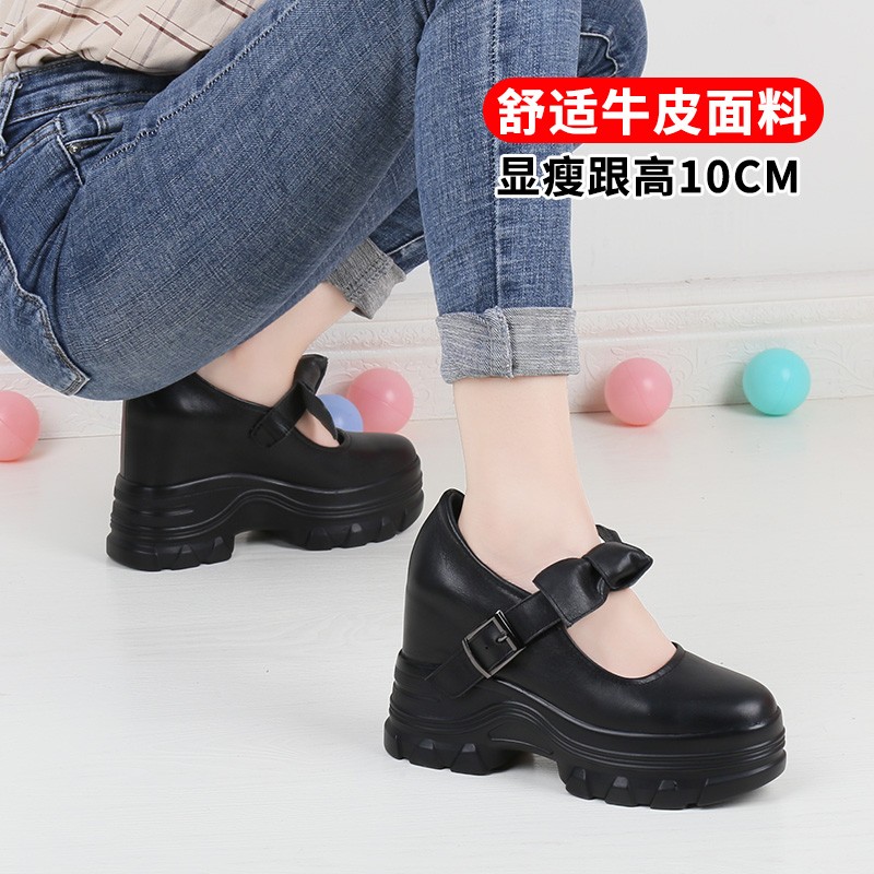 厚底玛丽珍小皮鞋女JK制服内增高10cm甜美蝴蝶结真皮浅口单鞋
