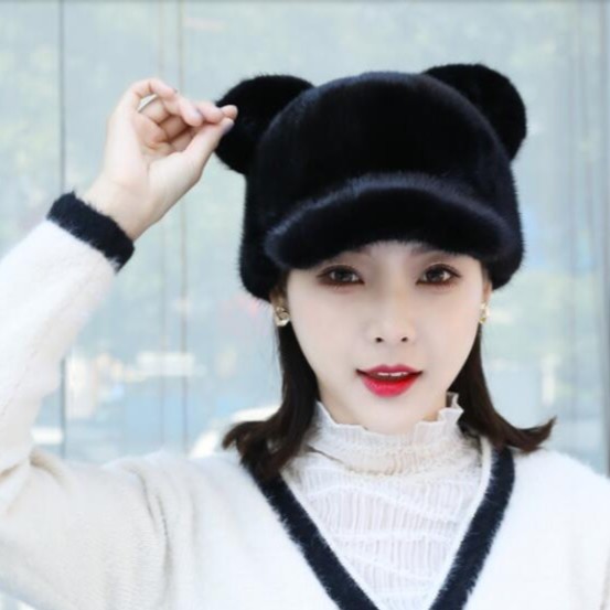 水貂猫耳朵帽子女士可爱冬季保暖加厚貂皮貂毛护耳米奇鸭舌棒球帽