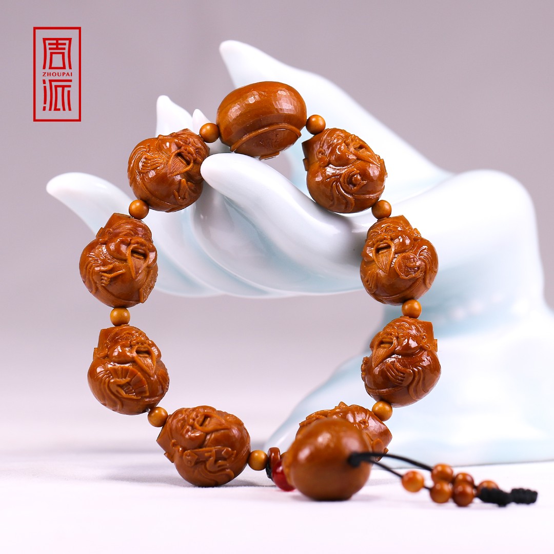 周派春毅核坊 财源滚滚老油核橄榄核雕手串留刀痕送礼财神纯手工