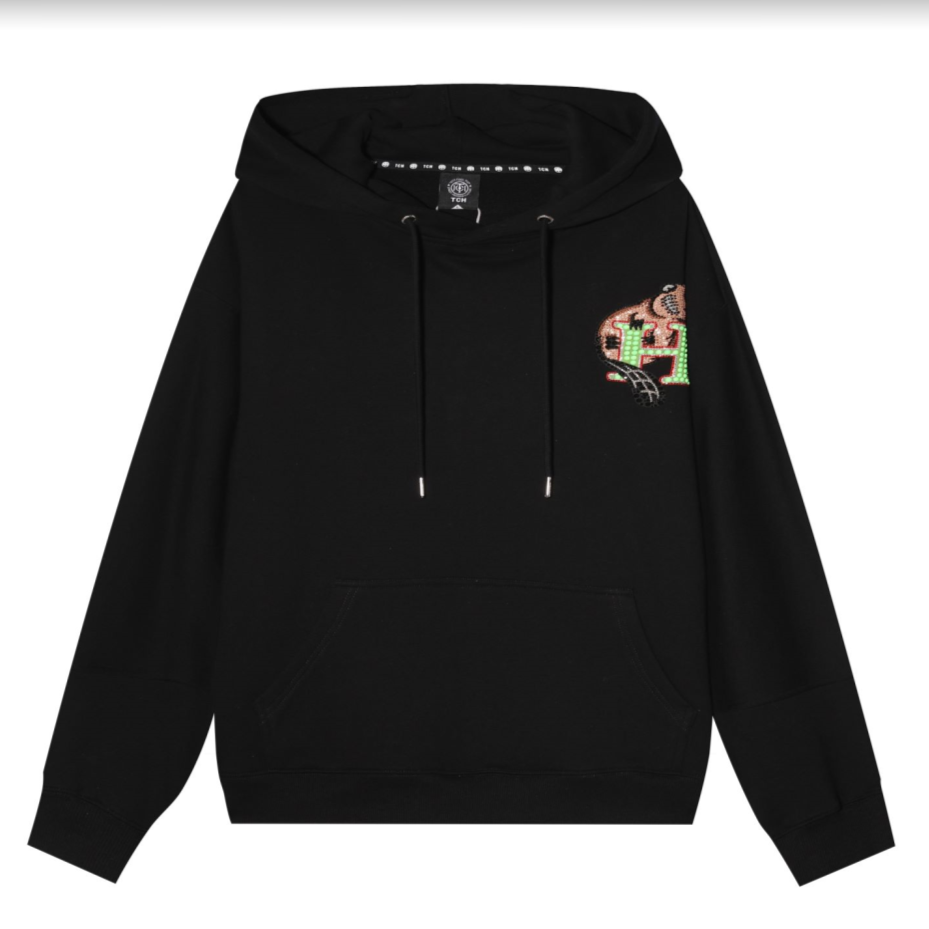 潮牌-TCH潮牌小松鼠烫钻休闲连帽时尚套头黑色情侣卫衣T66B126108